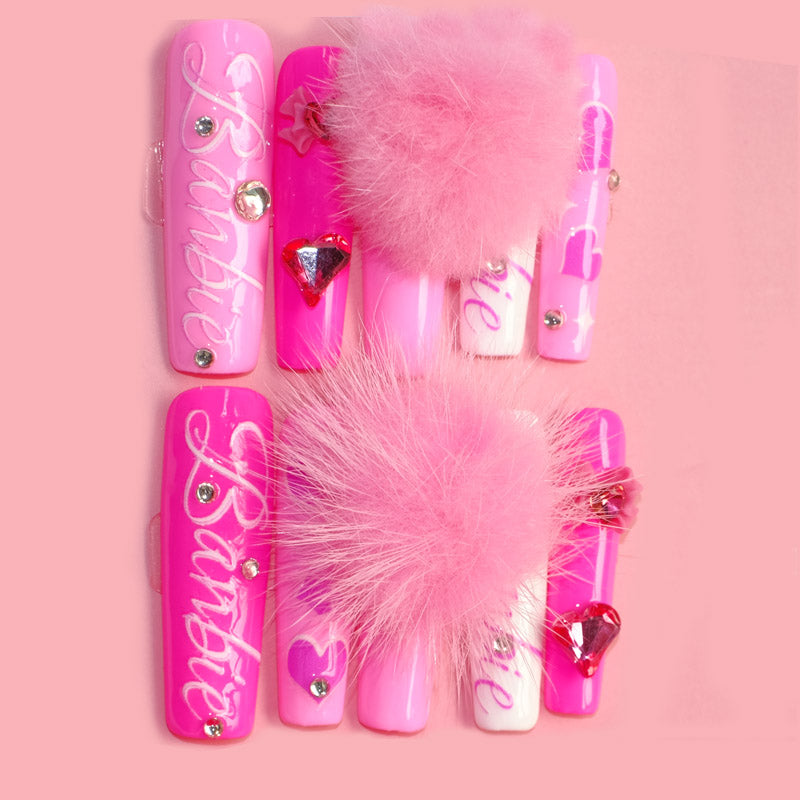 Extra Long Barbie Pink Press on Nails with Fluffy Ball Glitter Decoration