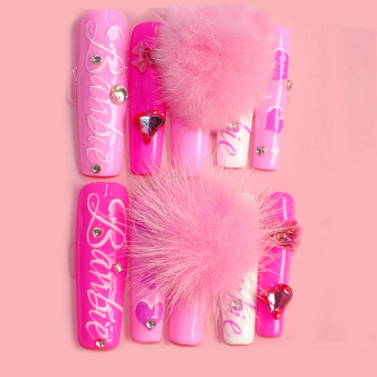 Extra Long Barbie Pink Press on Nails with Fluffy Ball Glitter Decoration