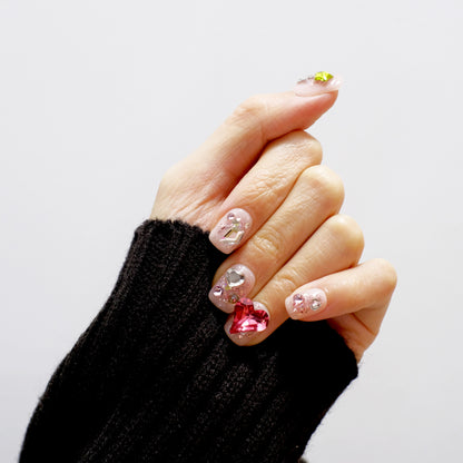 Glitter Colorful Short Squircle with Heart Stone Press On Nails