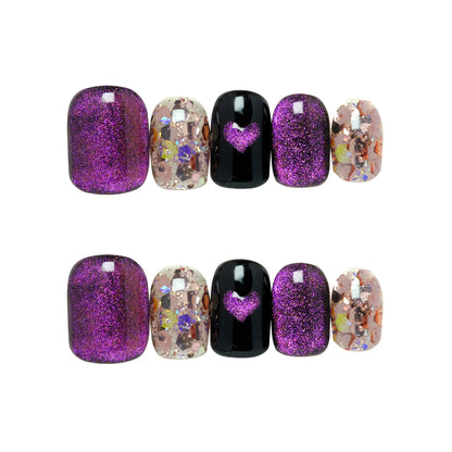 Short Squircle  Black Purple Cat Eye Glitter Hip-pop Girl Press on Nails