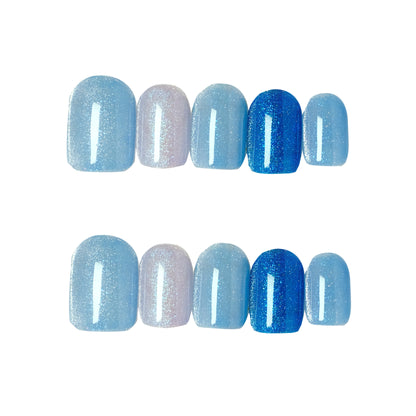 Short Squircle Mixed Blue Glitter Full Cover False Nails