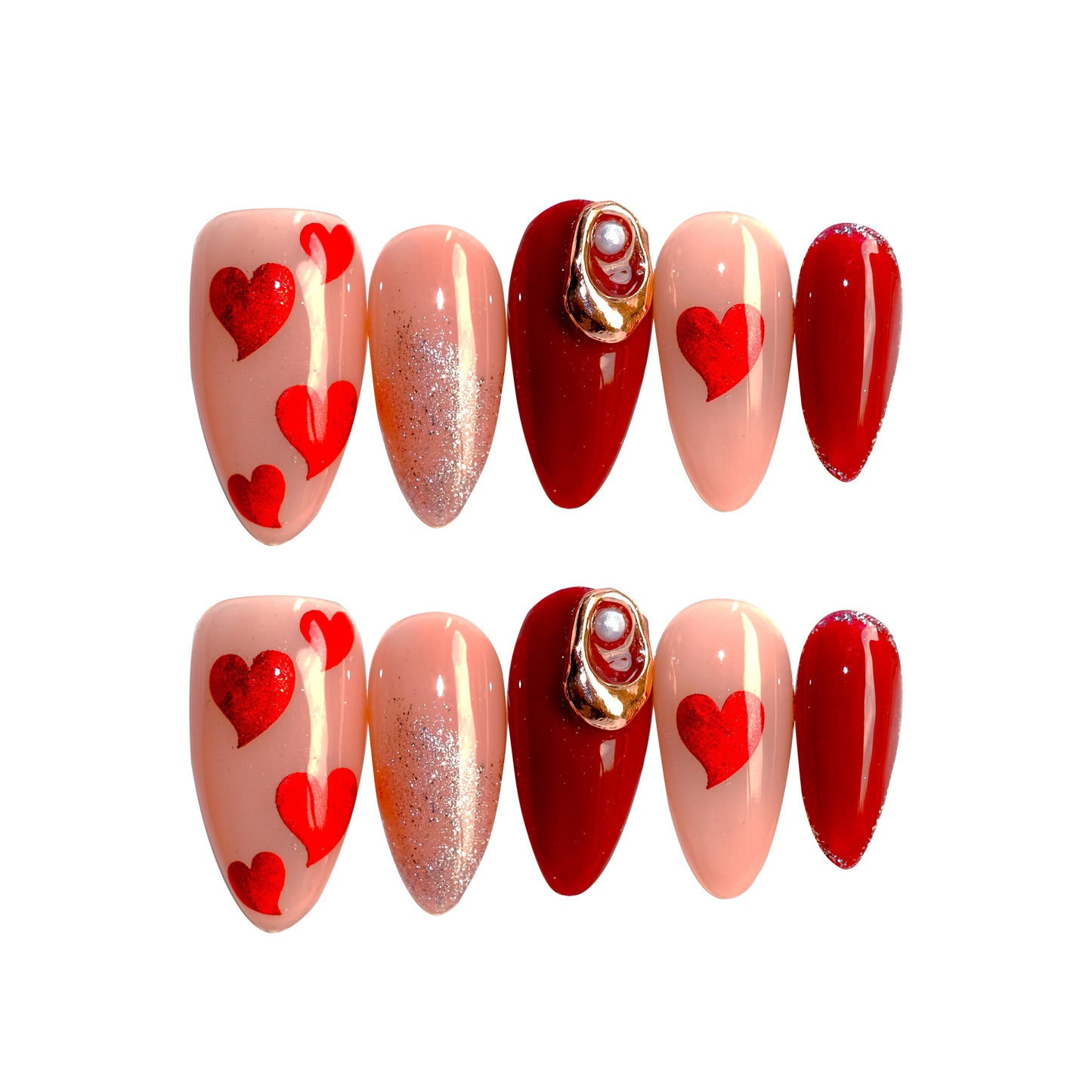 Almond Valentine's Days Red Love Heart Glitter Glossy Full Cover Gel