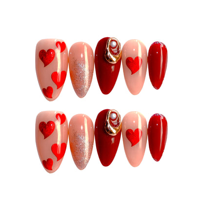 Almond Valentine's Days Red Love Heart Glitter Glossy Full Cover Gel