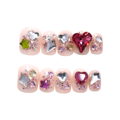 Glitter Colorful Short Squircle with Heart Stone Press On Nails