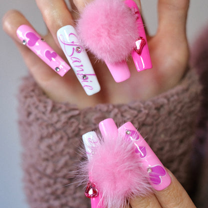 Extra Long Barbie Pink Press on Nails with Fluffy Ball Glitter Decoration