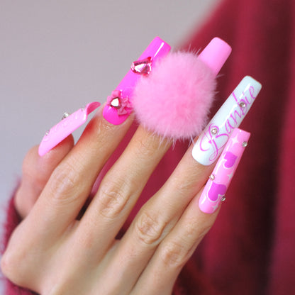 Extra Long Barbie Pink Press on Nails with Fluffy Ball Glitter Decoration