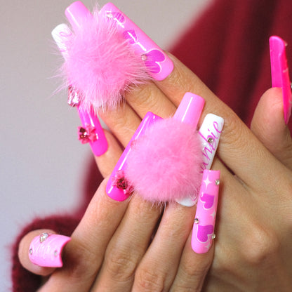 Extra Long Barbie Pink Press on Nails with Fluffy Ball Glitter Decoration