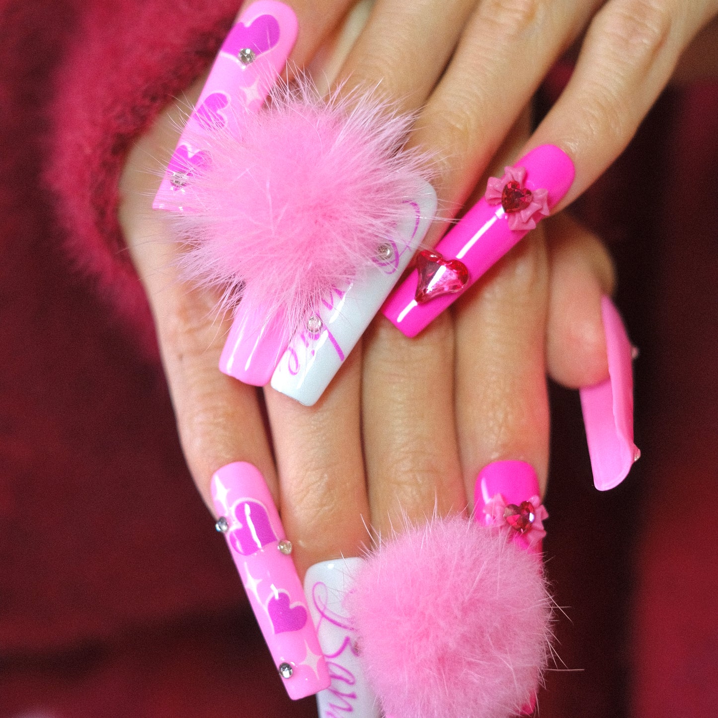 Extra Long Barbie Pink Press on Nails with Fluffy Ball Glitter Decoration