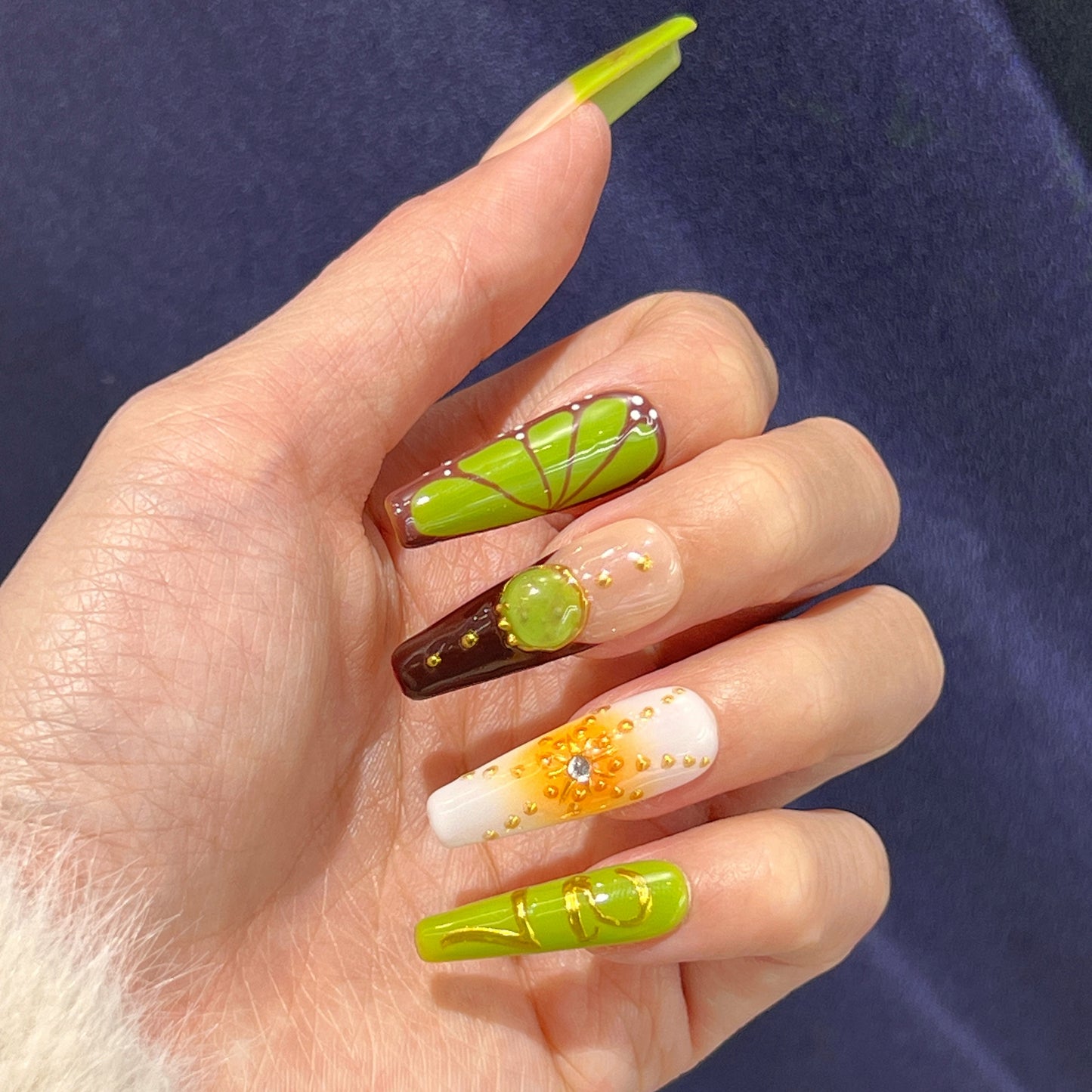 Long Ballet Artificial Light Green Butterfly 3D Printed Press Ons Nails Tips