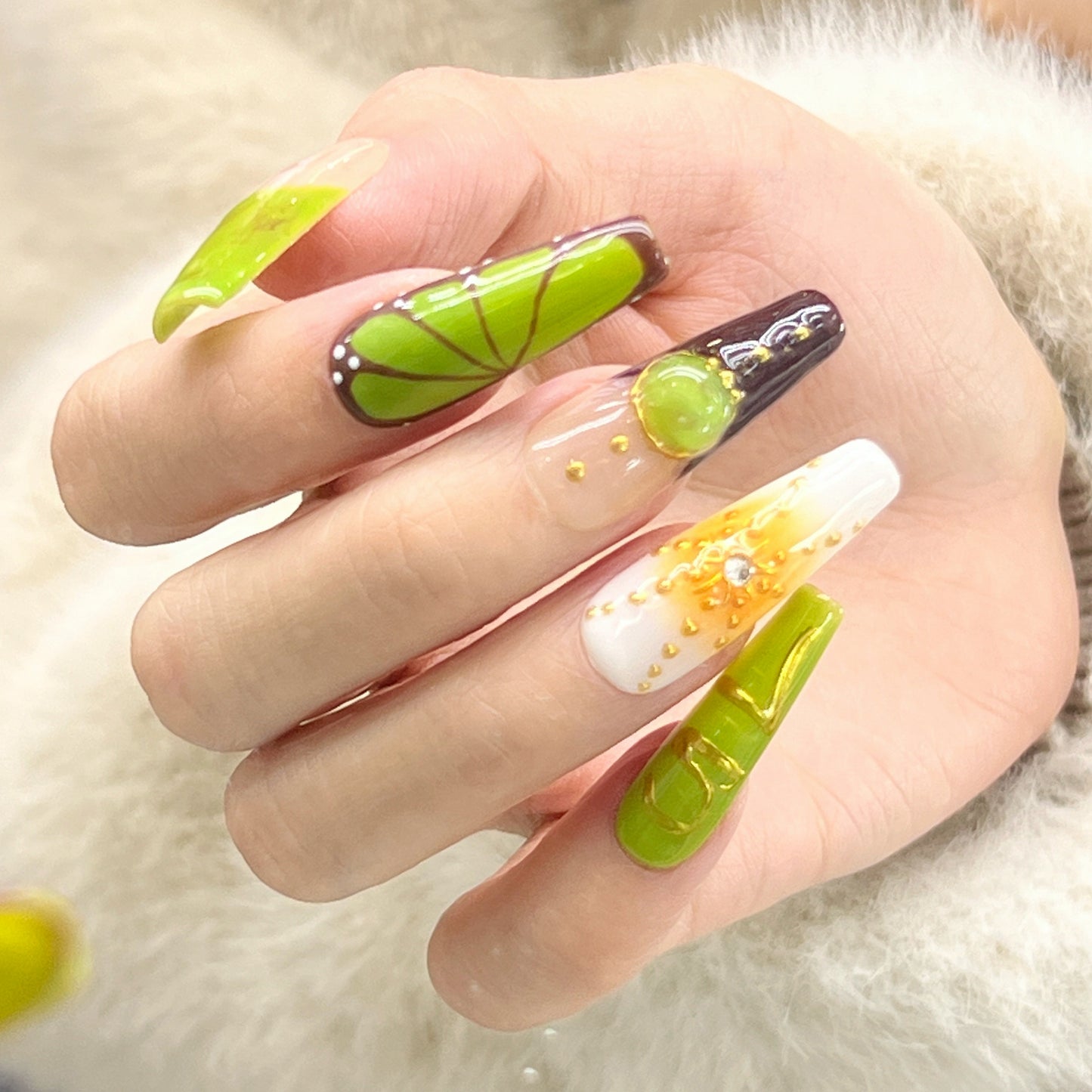 Long Ballet Artificial Light Green Butterfly 3D Printed Press Ons Nails Tips