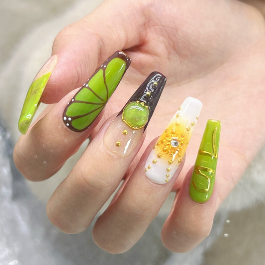 Long Ballet Artificial Light Green Butterfly 3D Printed Press Ons Nails Tips