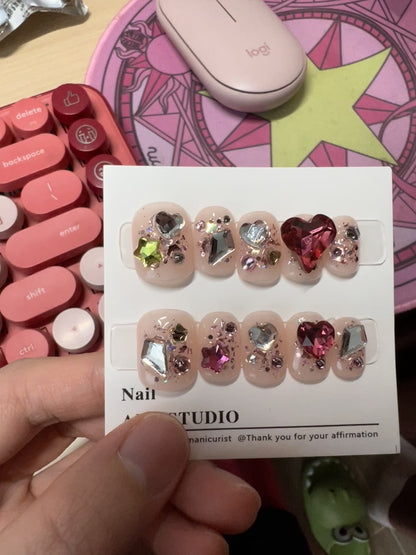 Glitter Colorful Short Squircle with Heart Stone Press On Nails